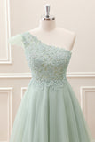 Dusty Sage One Shoulder Beaded A Line Tulle Mini Dress with Appliques