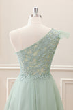 Dusty Sage One Shoulder Beaded A Line Tulle Mini Dress with Appliques