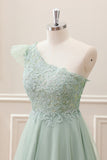 Dusty Sage One Shoulder Beaded A Line Tulle Mini Dress with Appliques