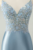 Glitter Dusty Blue Beaded Floral Tight Satin Mini Dress