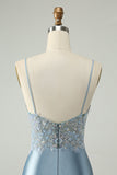 Glitter Dusty Blue Beaded Floral Tight Satin Mini Dress