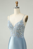 Glitter Dusty Blue Beaded Floral Tight Satin Mini Dress