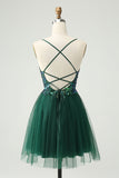 Glitter Dark Green A-Line Sequined Appliques V Neck Mini Dress