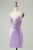 Glitter Purple V Neck Tight Sequined Appliques Mini Dress