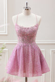 Cute A Line Light Pink Beaded Corset Floral Appliques Mini Dress