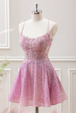 Cute A Line Light Pink Beaded Corset Floral Appliques Mini Dress