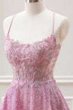 Cute A Line Light Pink Beaded Corset Floral Appliques Mini Dress