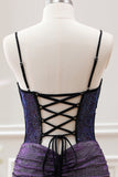 Purple Beaded Corset Pleated Bodycon Mini Dress with Slit