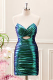 Teal Blue Pleated Sweetheart Keyhole Mini Dress