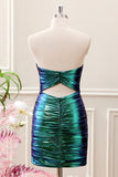 Teal Blue Pleated Sweetheart Keyhole Mini Dress