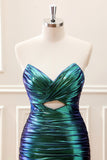 Teal Blue Pleated Sweetheart Keyhole Mini Dress