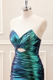 Teal Blue Pleated Sweetheart Keyhole Mini Dress