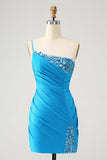 Blue Bodycon One Shoulder Ruched Satin Mini Dress with Sequins