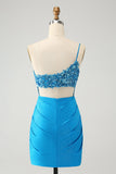 Blue Bodycon One Shoulder Ruched Satin Mini Dress with Sequins