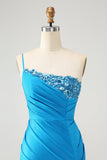 Blue Bodycon One Shoulder Ruched Satin Mini Dress with Sequins