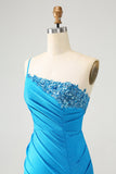 Blue Bodycon One Shoulder Ruched Satin Mini Dress with Sequins