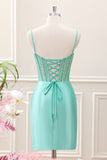 Light Green Spaghetti Straps Bodycon Corset Satin Mini Dress with Slit