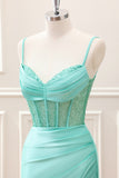 Light Green Spaghetti Straps Bodycon Corset Satin Mini Dress with Slit