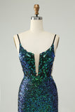 Sparkly Dark Green Spaghetti Straps Tight Mini Dress with Sequins