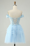 Light Blue A Line Off The Shoulder Corset Mini Dress