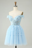 Light Blue A Line Off The Shoulder Corset Mini Dress