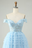 Light Blue A Line Off The Shoulder Corset Mini Dress