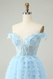 Light Blue A Line Off The Shoulder Corset Mini Dress