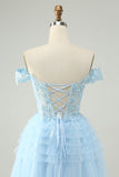 Light Blue A Line Off The Shoulder Corset Mini Dress