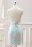 Sparkly Light Green Spaghetti Straps Beaded Sequined Slit Mini Dress