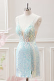 Sparkly Light Green Spaghetti Straps Beaded Sequined Slit Mini Dress