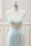 Sparkly Light Green Spaghetti Straps Beaded Sequined Slit Mini Dress