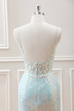 Sparkly Light Green Spaghetti Straps Beaded Sequined Slit Mini Dress