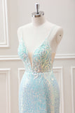 Sparkly Light Green Spaghetti Straps Beaded Sequined Slit Mini Dress