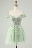 Sparkly Light Green A Line Off The Shoulder Corset Tulle Mini Dress