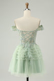 Sparkly Light Green A Line Off The Shoulder Corset Tulle Mini Dress