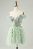 Sparkly Light Green A Line Off The Shoulder Corset Tulle Mini Dress