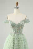 Sparkly Light Green A Line Off The Shoulder Corset Tulle Mini Dress