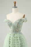 Sparkly Light Green A Line Off The Shoulder Corset Tulle Mini Dress