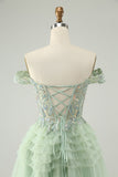 Sparkly Light Green A Line Off The Shoulder Corset Tulle Mini Dress