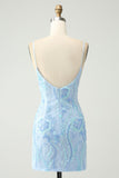 Light Blue Spaghetti Straps Tight Mini Dress with Sequins