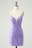 Sparkly Purple Spaghetti Straps Tight Mini Dress with Sequins