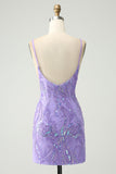 Sparkly Purple Spaghetti Straps Tight Mini Dress with Sequins