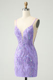 Sparkly Purple Spaghetti Straps Tight Mini Dress with Sequins