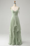 Matcha A-Line Spaghetti Straps Chiffon Maxi Dress with Ruffles