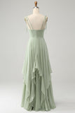 Matcha A-Line Spaghetti Straps Chiffon Floor Length Dress with Ruffles