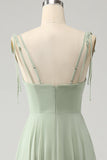 Matcha A-Line Spaghetti Straps Chiffon Floor Length Dress with Ruffles