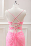 Pleated Pink Beaded Corset Bodycon Mini Dress with Lace up Back