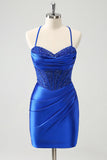 Sparkly Royal Blue Tight Corset Mini Dress with Lace Up Back