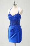 Sparkly Royal Blue Tight Corset Mini Dress with Lace Up Back