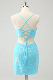 Sparkly Light Blue Spaghetti Straps Sequin Tight Mini Dress with Hollow Out